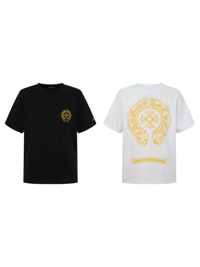 1:1 quality version Vintage Gothic Street Front Pocket Small Gold Horseshoe Cross Floral Print Back Large Gold Horseshoe Scroll Letter Graphic T-shirt 2 colors 29366340