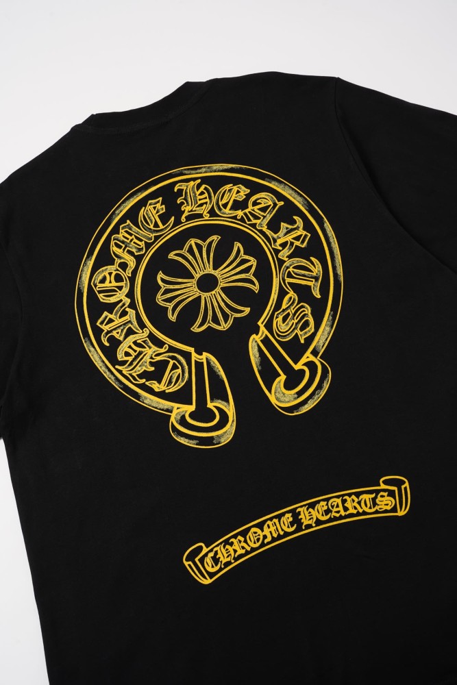 1:1 quality version Vintage Gothic Street Front Pocket Small Gold Horseshoe Cross Floral Print Back Large Gold Horseshoe Scroll Letter Graphic T-shirt 2 colors 29366340