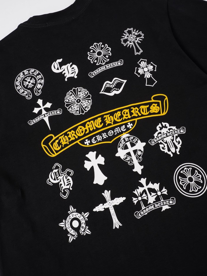 1:1 quality version Front Small Black Cl Monogram Yellow Scroll Chest Print Back Multi Cross Floral Lip Gothic Logo Collage Graphic T-shirt 2 colors 29366482