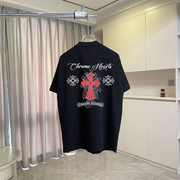1:1 quality version Vintage Distressed Street Front Small Cursive Script Chest Print Back Red Cross Multi Floral Outline Graphic T-shirt 4 colors 29366081