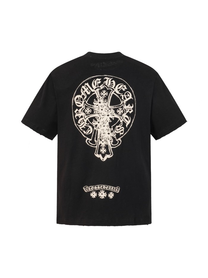 1:1 quality version Vintage Distressed Gothic Street Front Small White Oval Cross Floral Chest Print Back Large Circular Cross Floral Gothic Letter Graphic T-shirt 2 colors 29366184