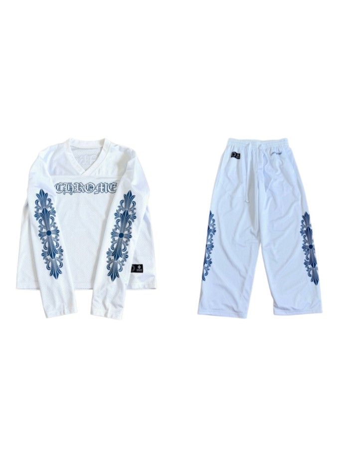 1:1 quality version Streetwear Gothic Floral Side Print Loose Fit V Neck Mesh Hockey Jersey Long Sleeve T-Shirt &   Pants Set 5 colors 29370291