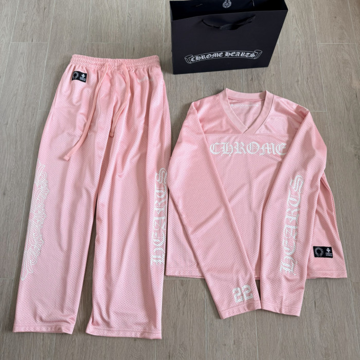 1:1 quality version Streetwear Gothic Floral Side Print Loose Fit V Neck Mesh Hockey Jersey Long Sleeve T-Shirt &   Pants Set 5 colors 29370291
