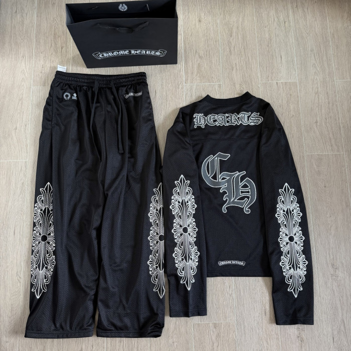 1:1 quality version Streetwear Gothic Floral Side Print Loose Fit V Neck Mesh Hockey Jersey Long Sleeve T-Shirt &   Pants Set 5 colors 29370291