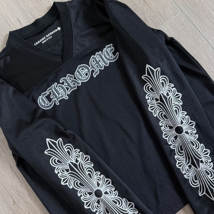 1:1 quality version Streetwear Gothic Floral Side Print Loose Fit V Neck Mesh Hockey Jersey Long Sleeve T-Shirt &   Pants Set 5 colors 29370291