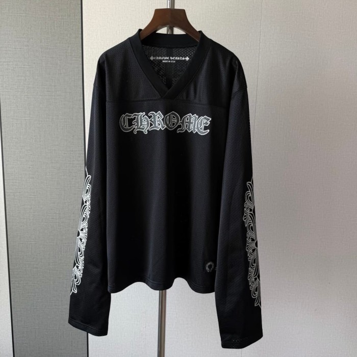 1:1 quality version Streetwear Gothic Floral Side Print Loose Fit V Neck Mesh Hockey Jersey Long Sleeve T-Shirt &   Pants Set 5 colors 29370291