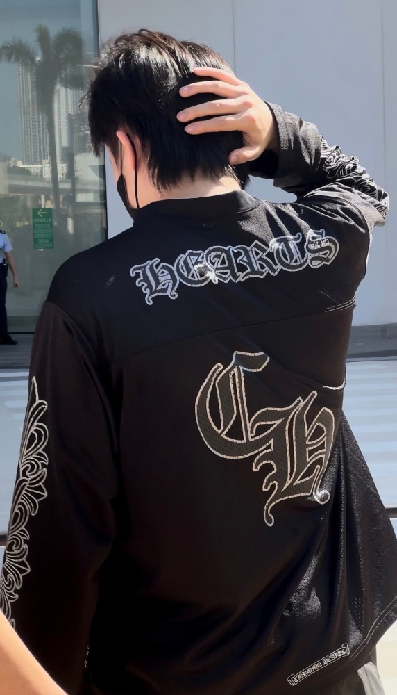 1:1 quality version Streetwear Gothic Floral Side Print Loose Fit V Neck Mesh Hockey Jersey Long Sleeve T-Shirt &   Pants Set 5 colors 29370291