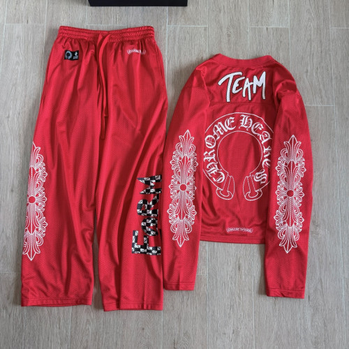 1:1 quality version Streetwear Gothic Floral Side Print Loose Fit V Neck Mesh Hockey Jersey Long Sleeve T-Shirt &   Pants Set 5 colors 29370291