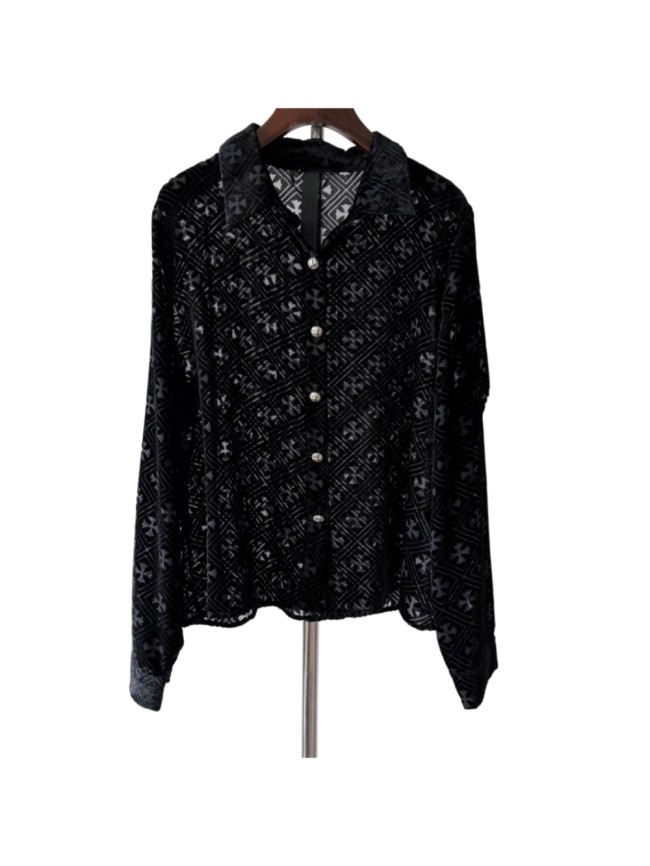 1:1 quality version Gothic Streetwear All Over Cross Print Lapel Long Sleeve Cropped Button Shirt 29373183
