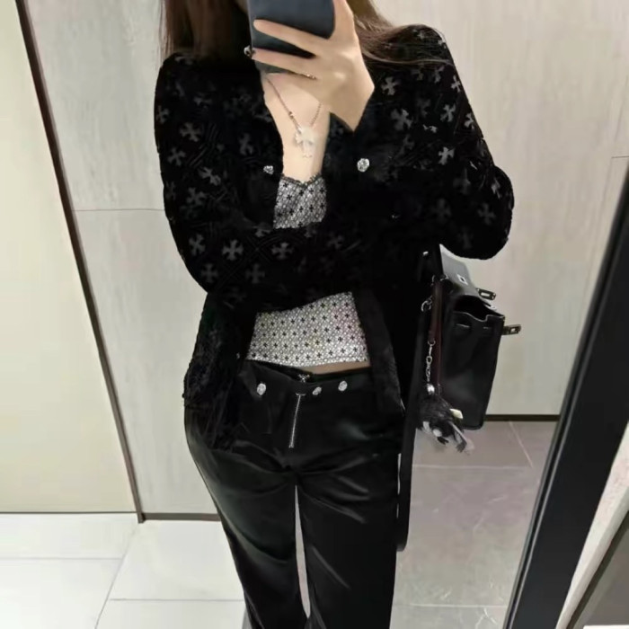 1:1 quality version Gothic Streetwear All Over Cross Print Lapel Long Sleeve Cropped Button Shirt 29373183