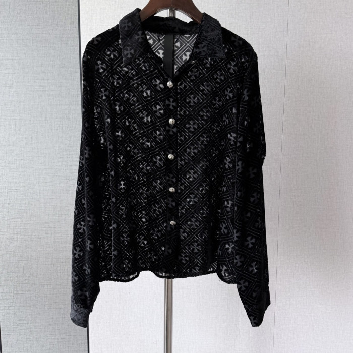 1:1 quality version Gothic Streetwear All Over Cross Print Lapel Long Sleeve Cropped Button Shirt 29373183