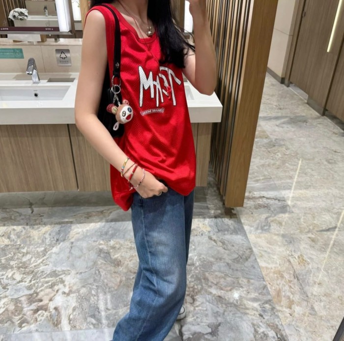 1:1 quality version Vintage Streetwear Front Team Letter Back Floral Letter Print Oversized Mesh Sleeveless Tank Top 2 colors 29372572