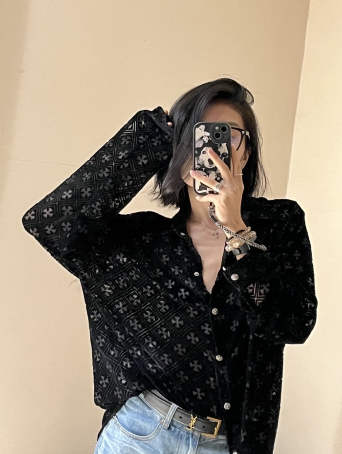 1:1 quality version Gothic Streetwear All Over Cross Print Lapel Long Sleeve Cropped Button Shirt 29373183