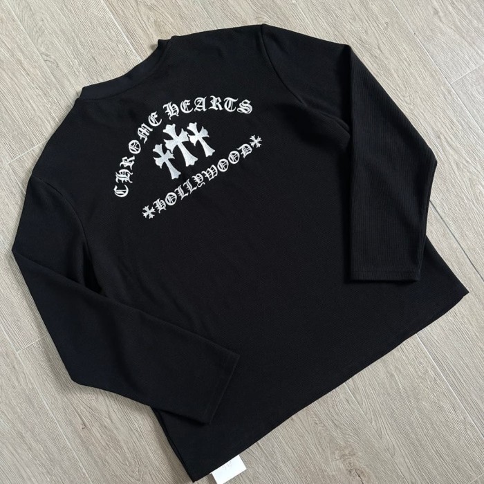 1:1 quality version Gothic Cross Letter Print Ribbed Half Button Henley Waffle Knit Long Sleeve T-Shirt 29380367