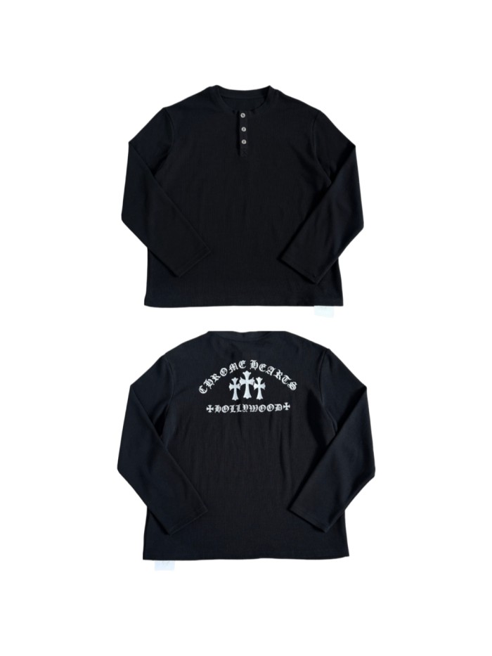 1:1 quality version Gothic Cross Letter Print Ribbed Half Button Henley Waffle Knit Long Sleeve T-Shirt 29380367