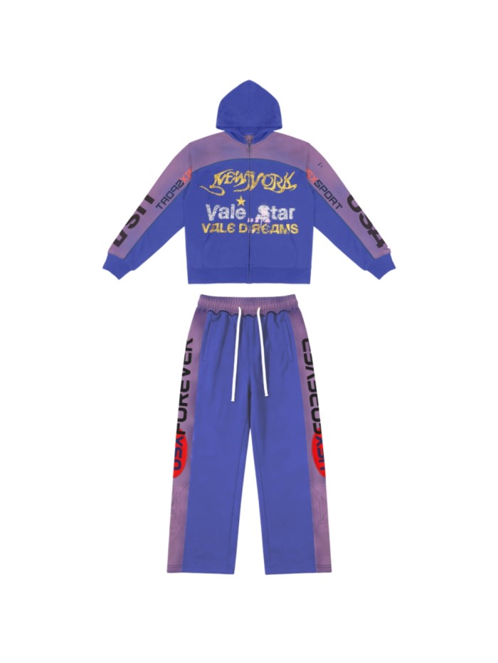 Streetwear Vintage Washed Color Block NEW YORK Letter Zip Up Hoodie & Wide Leg Sweatpants Set 2 colors 29383845