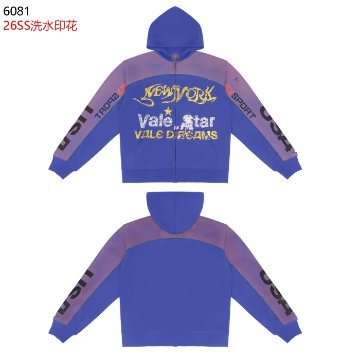 Streetwear Vintage Washed Color Block NEW YORK Letter Zip Up Hoodie & Wide Leg Sweatpants Set 2 colors 29383845