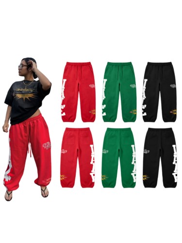 American Street Style White Bold Letter Print Yellow Crackle Pattern Cursive Embroidered Drawstring Sweatpants 3 colors 29383867