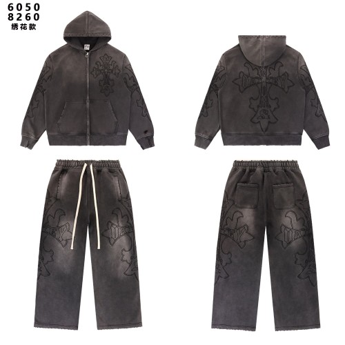 Gothic Streetwear Vintage Washed Cross Embroidery Cropped Zip Up Hoodie & Wide Leg Sweatpants Set 3 colors 29383974
