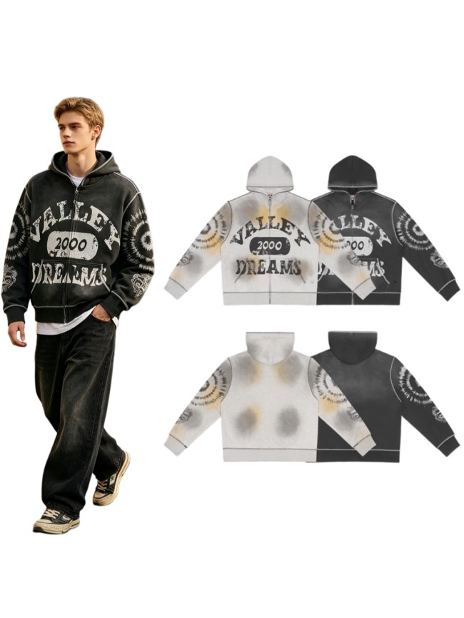 American Double Sleeve Tie Dye Swirl Carved Print Washed Vintage Zip Up Hoodie 2 colors 29383860