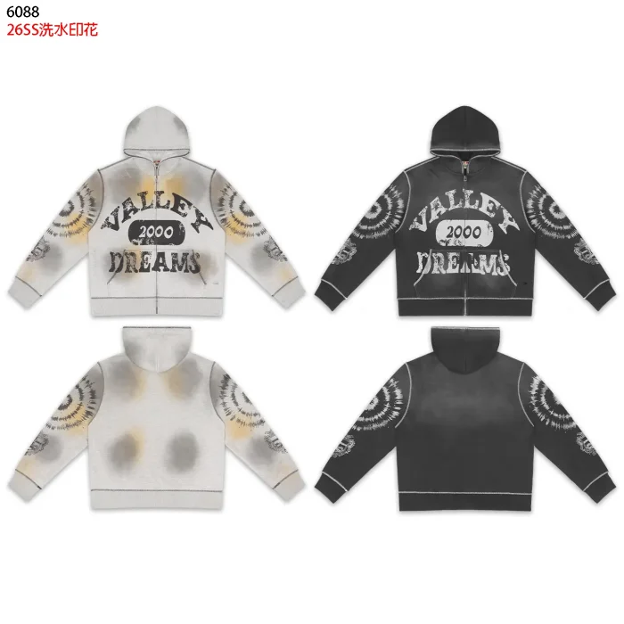 American Double Sleeve Tie Dye Swirl Carved Print Washed Vintage Zip Up Hoodie 2 colors 29383860