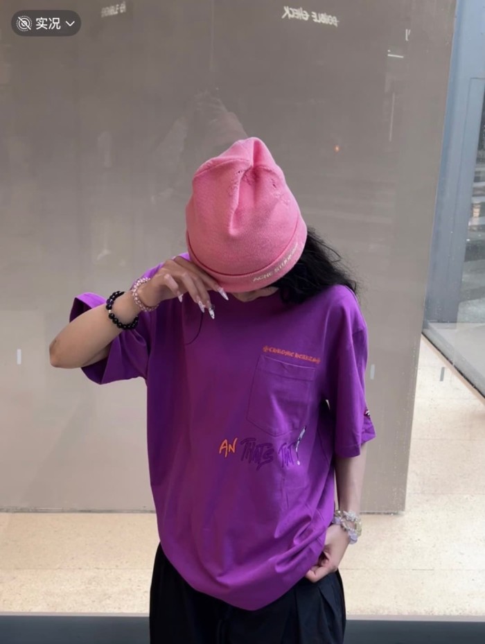 1:1 quality version Purple Pocket Graffiti Letter And Heart Dagger Print Short Sleeve Tee 29392365
