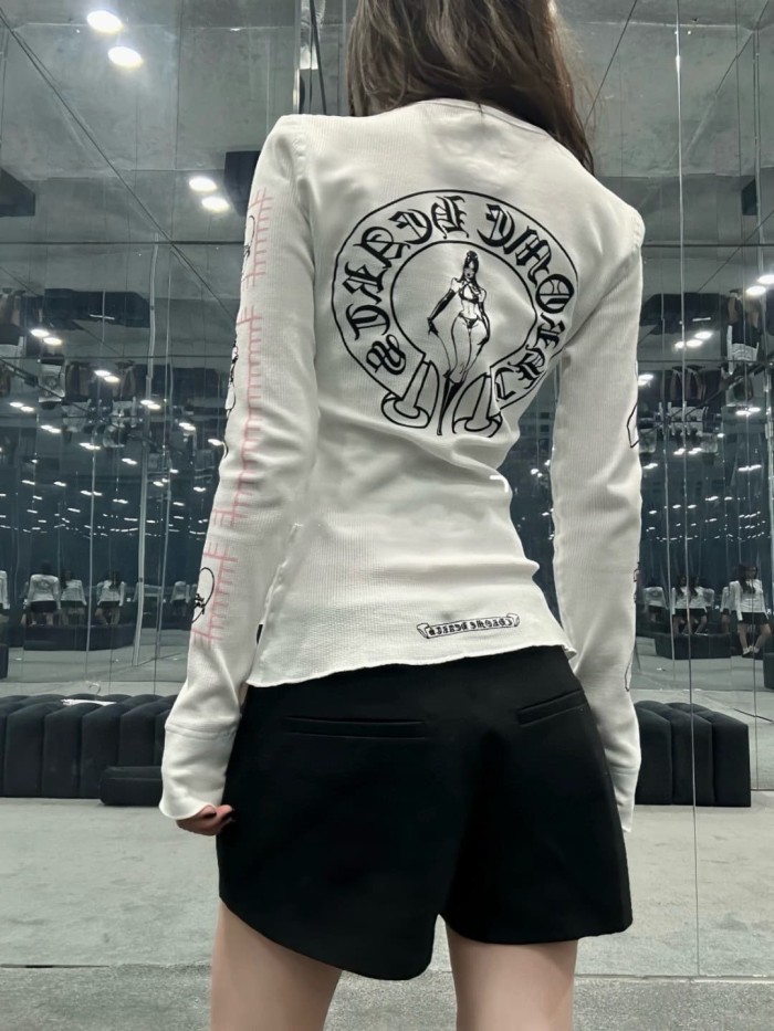 1:1 quality version White Waffle Knit Dagger Lady Gothic Letter Print Crew Neck Long Sleeve Tee 2 colors 29392334