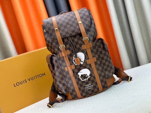 1:1 quality version Brown Chessboard Grid Print Figure Silhouette  Drawstring Flap Side Pockets Backpack 29393777