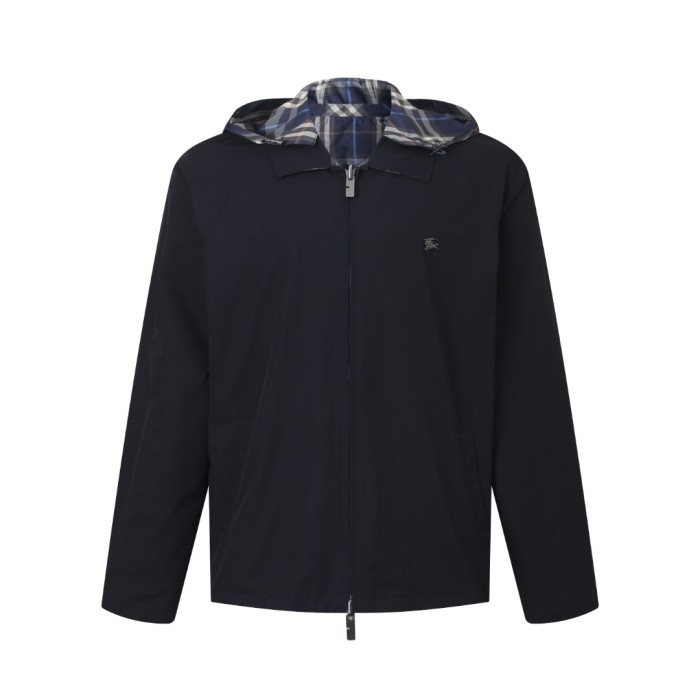 1:1 quality version Blue Plaid Chest Letter Embroidered Logo Drawstring Windproof Reversible Hooded Jacket 29395213