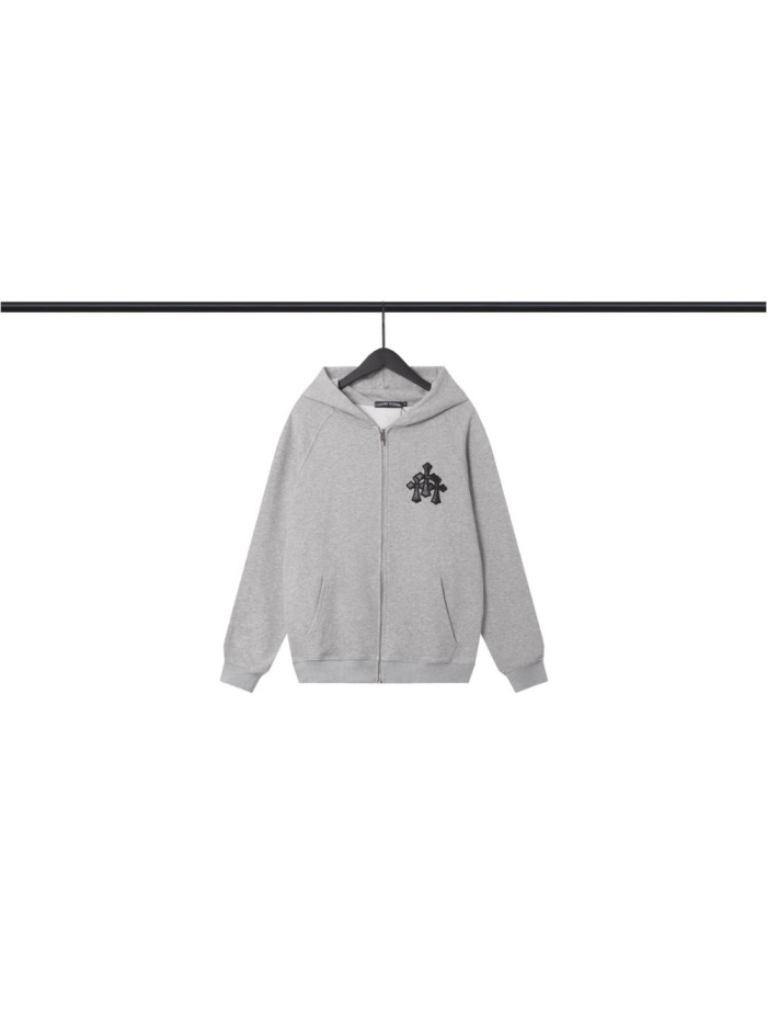 [50% Off]Gray Thirty Applique Leather Hooded Zip Sweatshirt 3 colors 23994229