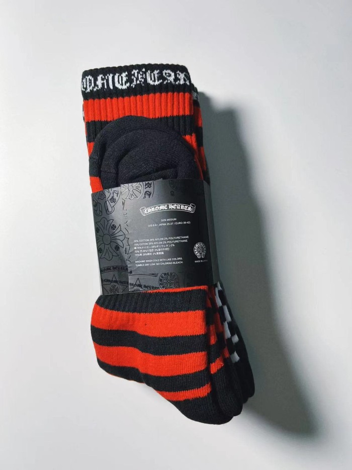 1:1 quality version Color‑Block Stripe Cross Embroidery Rib‑Knit Mid‑Crew Socks 3 Pairs Per Card 29399311