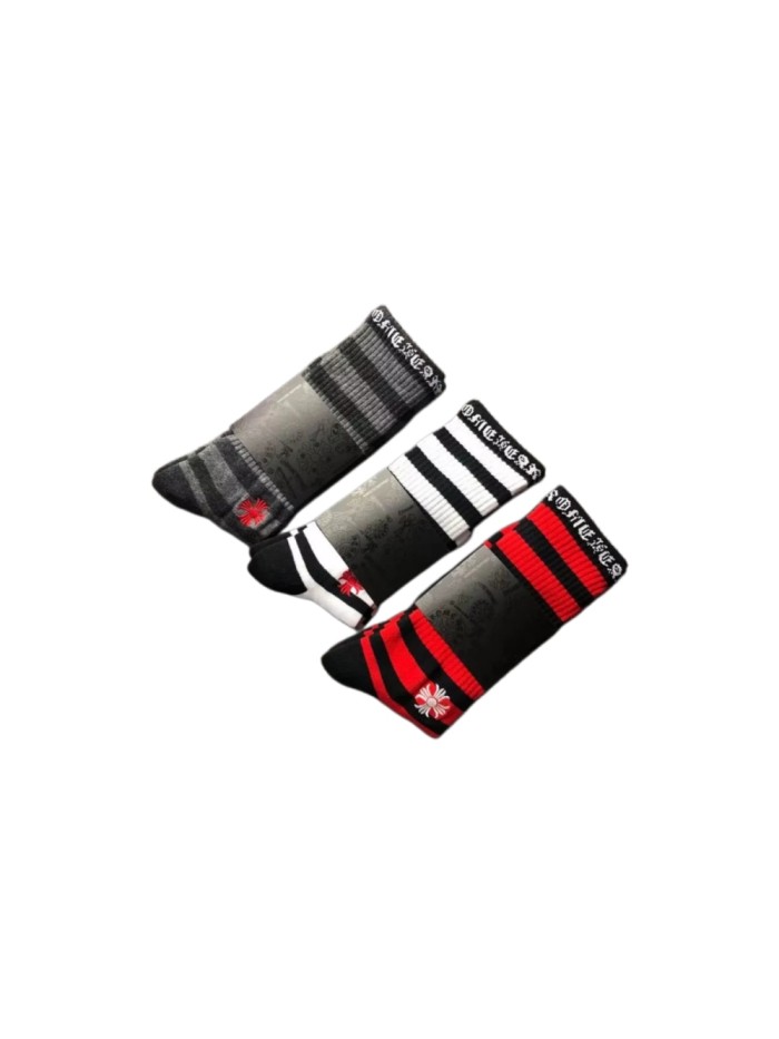 1:1 quality version Color‑Block Stripe Cross Embroidery Rib‑Knit Mid‑Crew Socks 3 Pairs Per Card 29399311