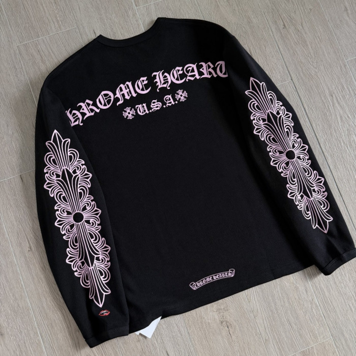 1:1 quality version Chest Scroll Dual Sleeve Pink Floral Print Waffle Knit Loose Fit Long Sleeve Tee 29426238
