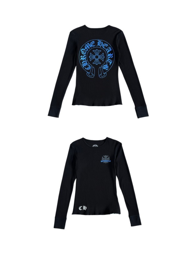 1:1 quality version Blue Horseshoe‑Ring Cross‑Flower‑Print Waffle‑Knit Fitted Long Sleeve Tee for girls 29426214