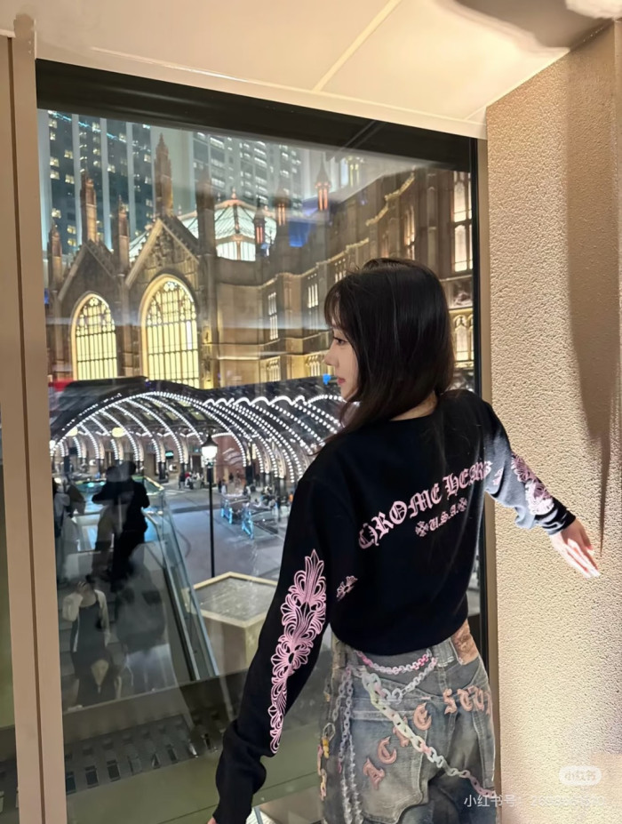 1:1 quality version Chest Scroll Dual Sleeve Pink Floral Print Waffle Knit Loose Fit Long Sleeve Tee 29426238