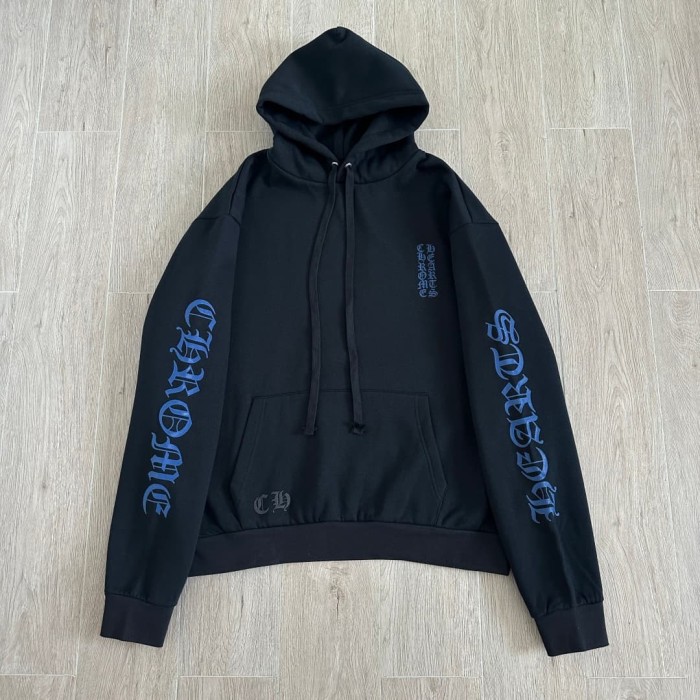 1:1 quality version Dual Sleeve Blue Gothic Script Letter Print Drawstring Pullover Unisex Hoodie 29456617