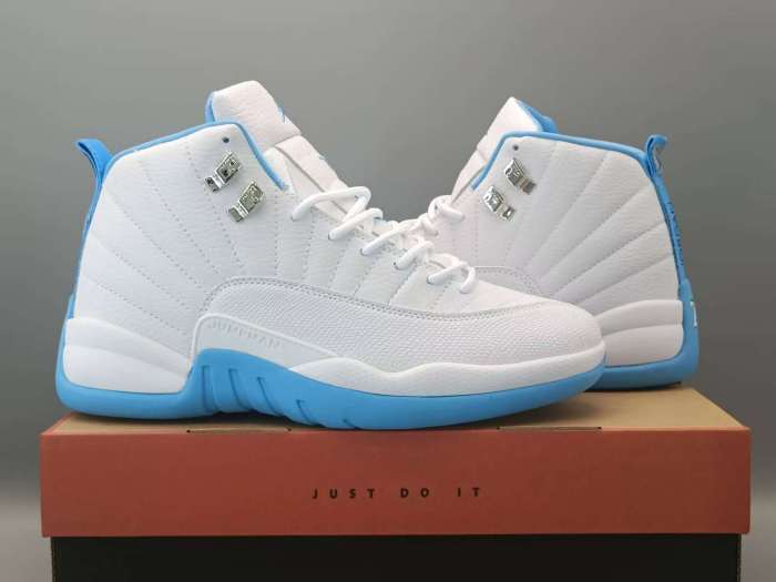 [plus-size shoes] Air @j12 White University Blue Grain Leather High Top Air Cushion Retro Basketball Sneakers 29461433