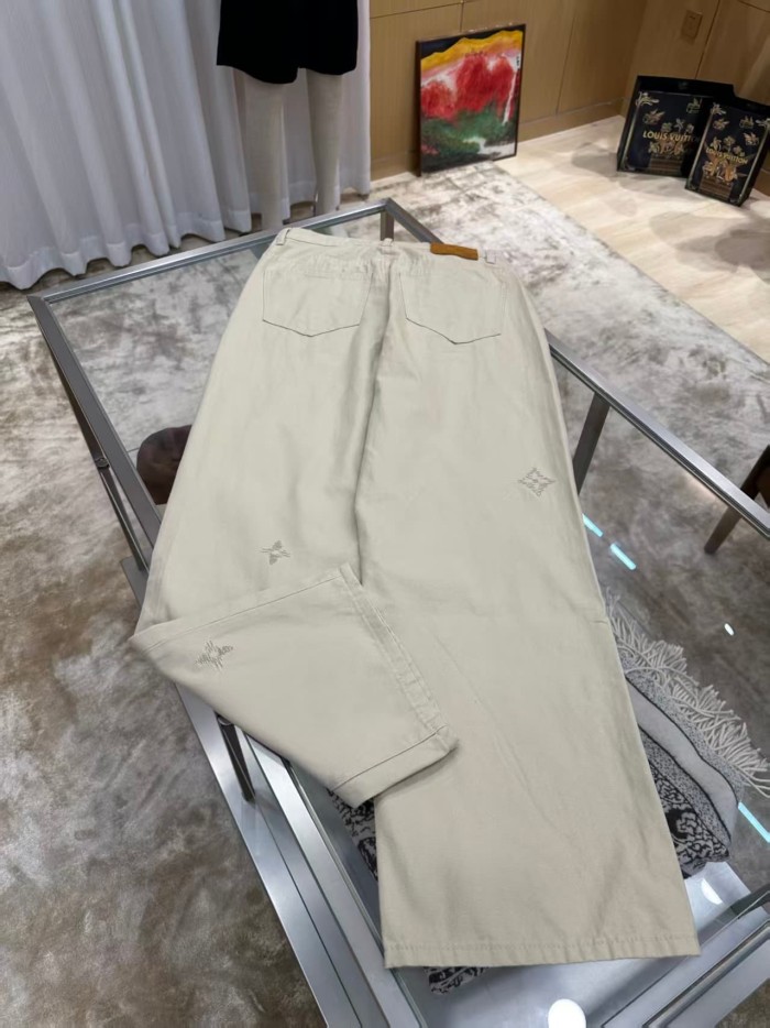 1:1 quality version Washed Khaki Subtle Monogram Tone On Tone Embroidery Straight Wide Leg Jeans 29465315