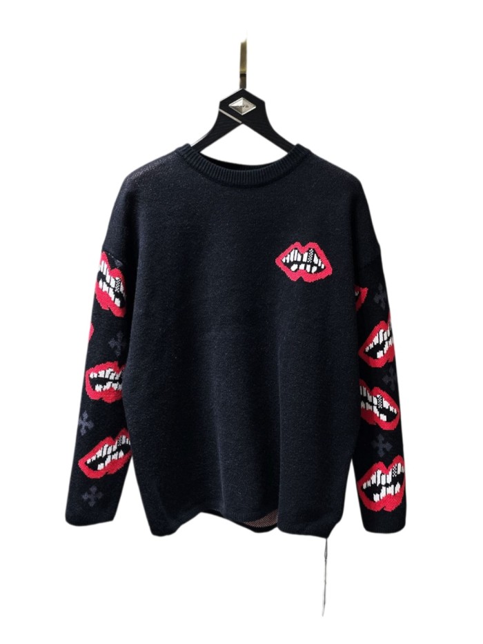 [50% Off]Lips Jacquard Red Leather Cross Sweater
