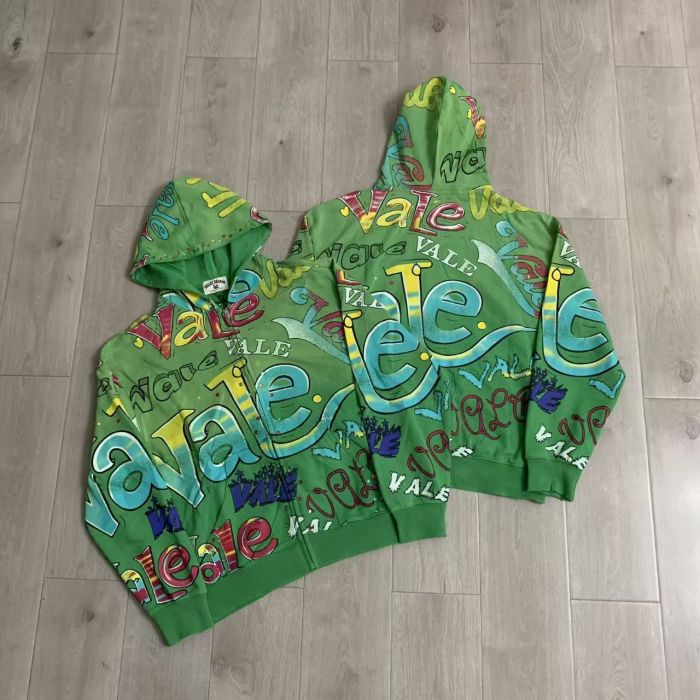 Multi Color Full Graffiti Letter Print Washed Zip Up Hoodie 3 colors 29488903