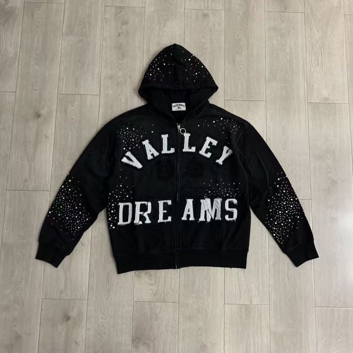 Vintage Wash Frayed Patch Letter Rhinestone Zip Up Hoodie 4 colors 29489070