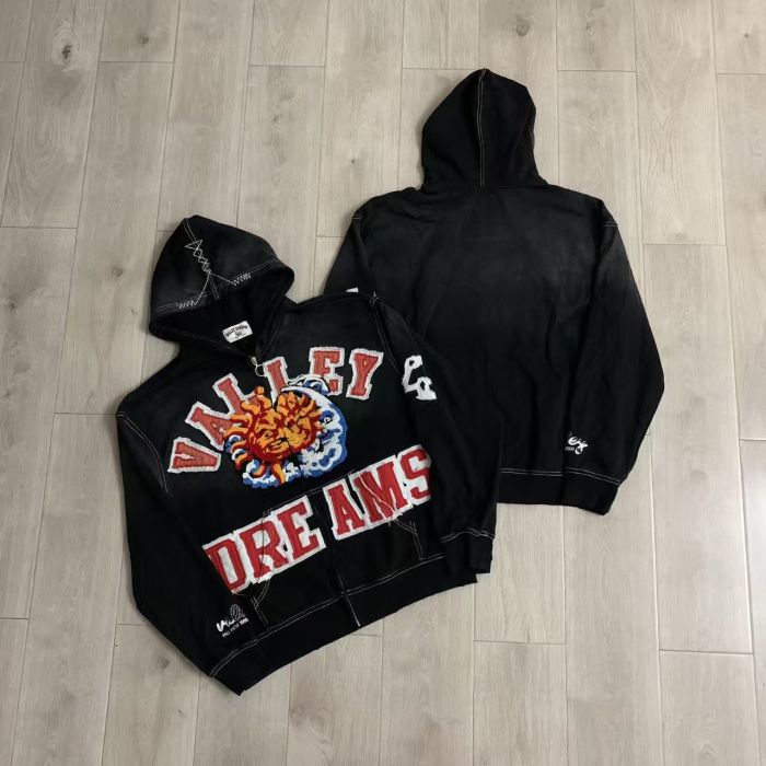 Vintage Sun and Moon Chenille Appliqué Letter Full-Zip Unisex Hoodie 3 colors 29489077