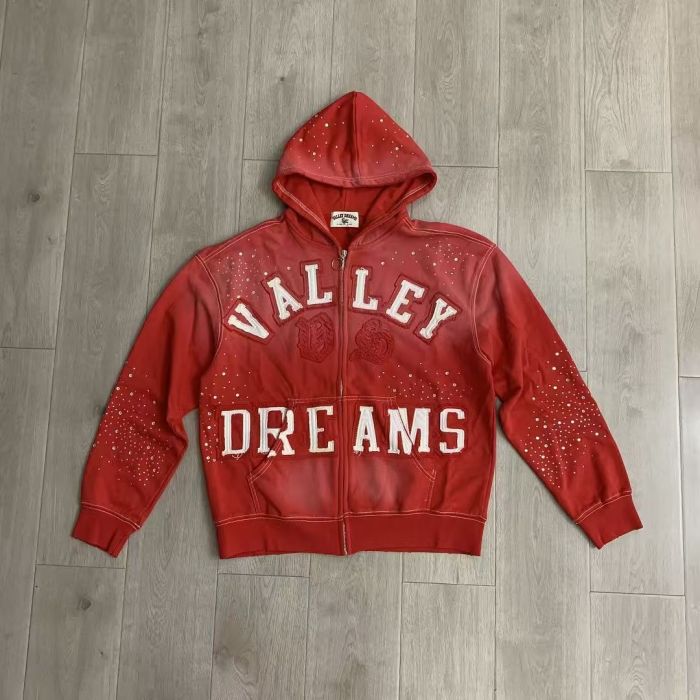 Vintage Wash Frayed Patch Letter Rhinestone Zip Up Hoodie 4 colors 29489070