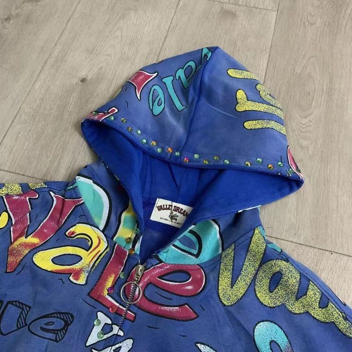Multi Color Full Graffiti Letter Print Washed Zip Up Hoodie 3 colors 29488903