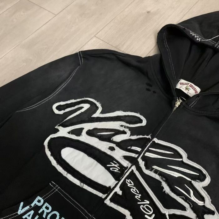 Vintage Wash Frayed Patch Embroidery Script Letter Zip Up Hoodie 3 colors 29488761