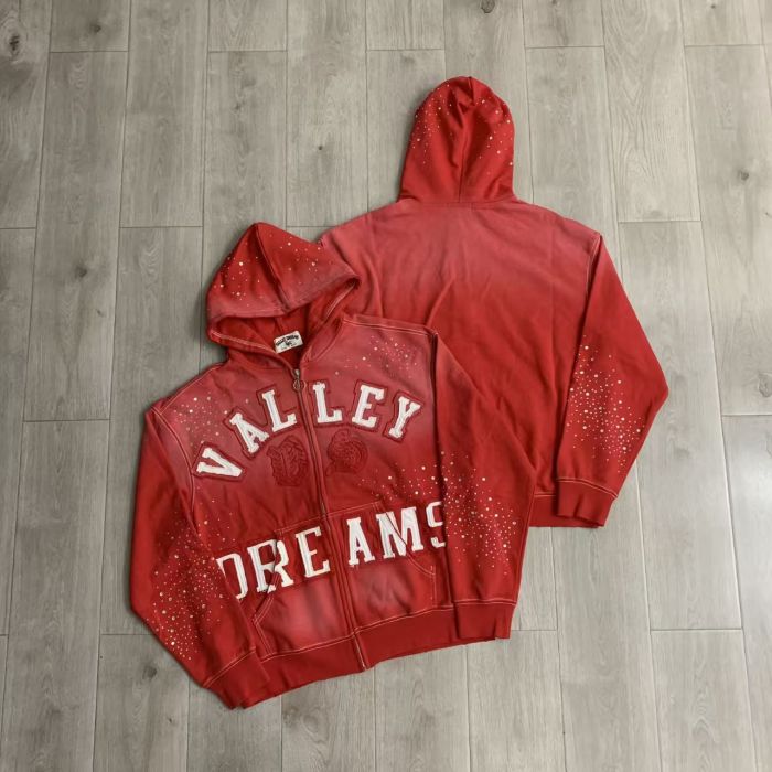 Vintage Wash Frayed Patch Letter Rhinestone Zip Up Hoodie 4 colors 29489070