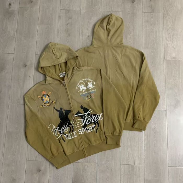 Vintage Street Gradient Wash Horse Rider Graphic Badge Print Zip Up Hoodie 3 colors 29489137