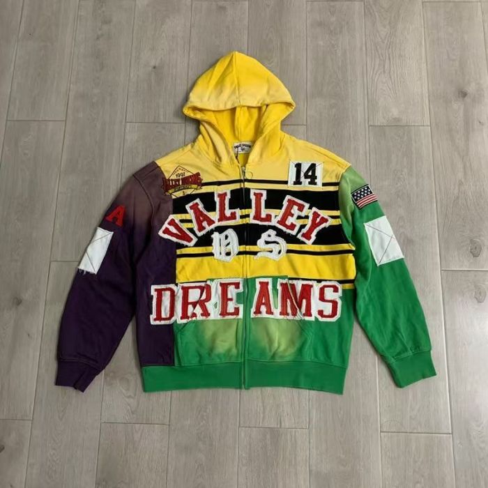 Washed Colorblock Patch Letter Number Flag Zip Up Hoodie 2 colors 29489112