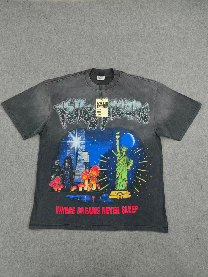 New York Night City Statue Of Liberty Starry Sky Where Dreams Never Sleep Double Sided Print Oversized Washed Tee 29288556