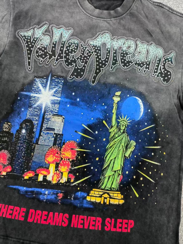 New York Night City Statue Of Liberty Starry Sky Where Dreams Never Sleep Double Sided Print Oversized Washed Tee 29288556